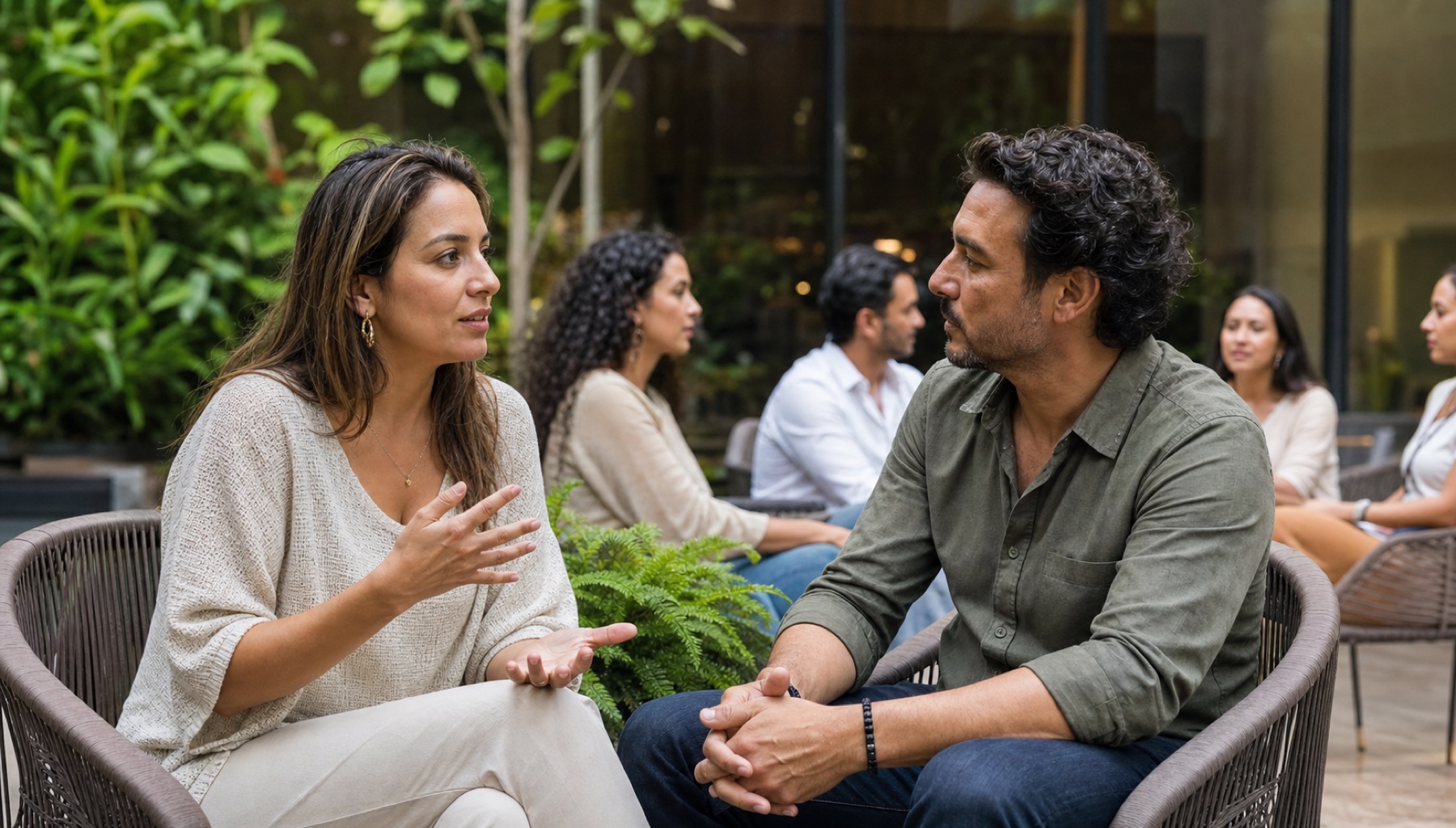 Pareja de participantes colombianos en una conversación de resiliencia