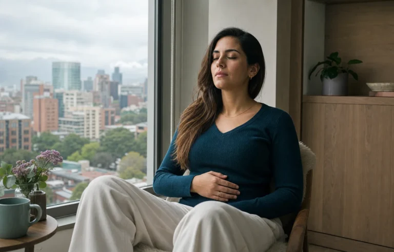 Mujer colombiana practicando una pausa para regular la ansiedad en Bogotá
