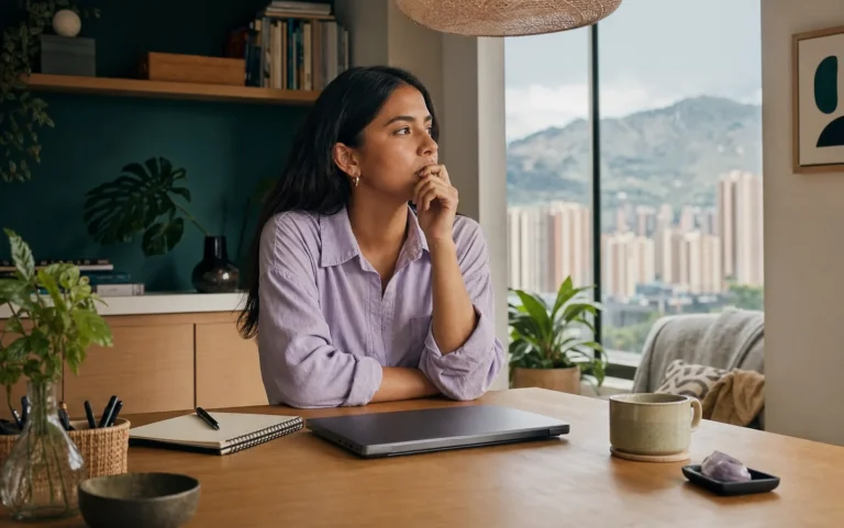 Mujer colombiana gestionando pensamientos repetitivos en su espacio de trabajo